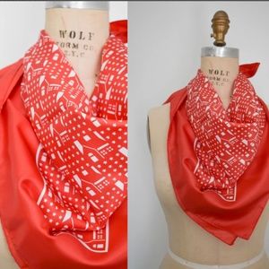 Vintage 1970s BAAR & BEARDS Red & White House & Stars Print Scarf/Scarve Silky